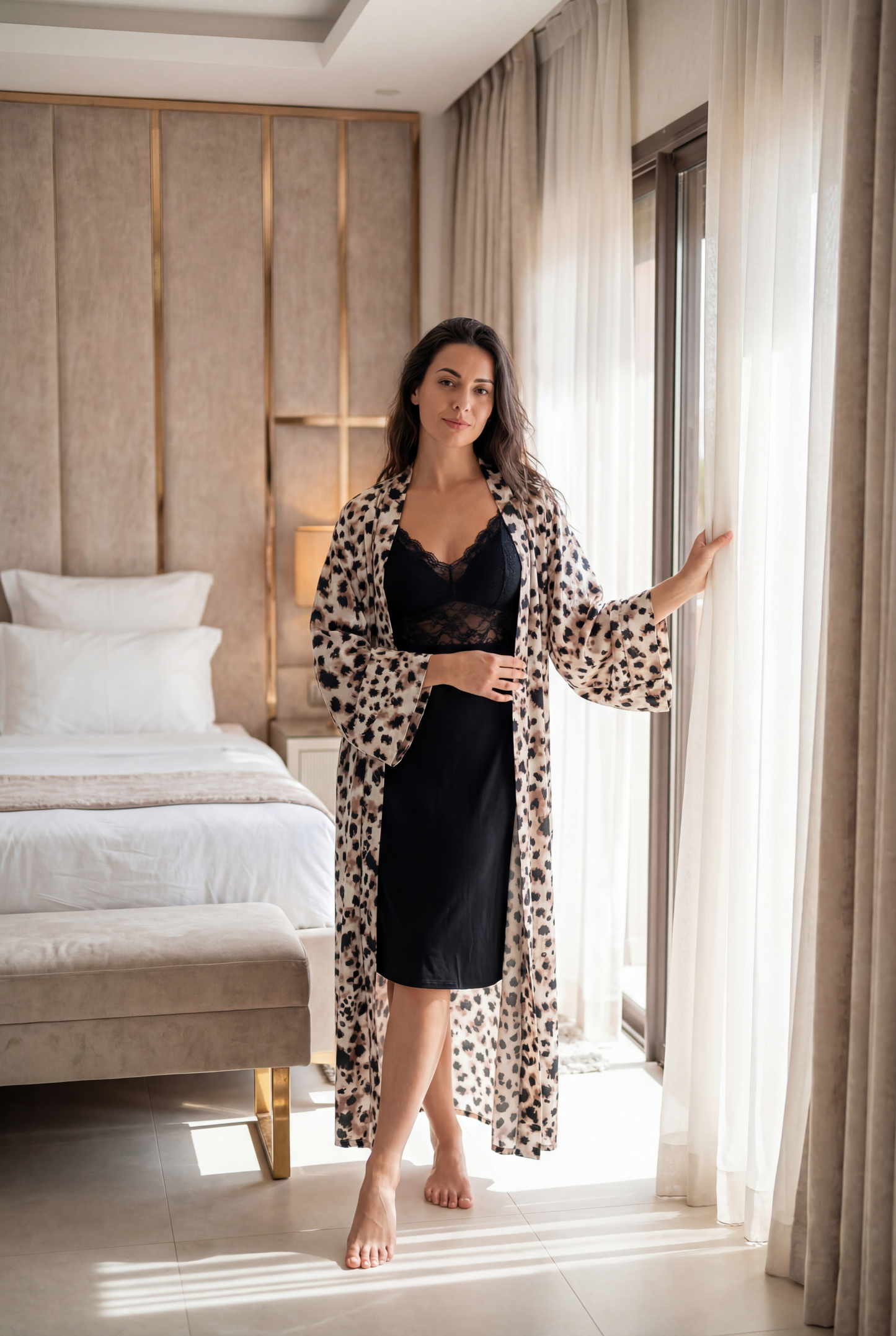 Viscose Lycra Nightdress with Leopard Satin Robe