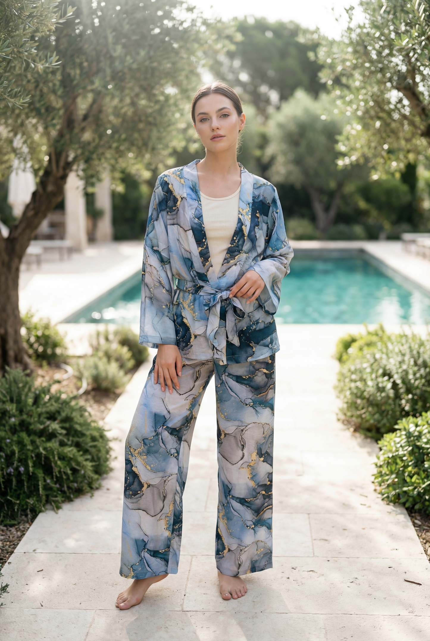 Printed Viscose Pajama with Kimono Robe