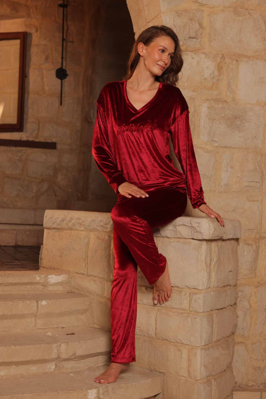 Women’s Velvet Pajama Set with Guipure Back