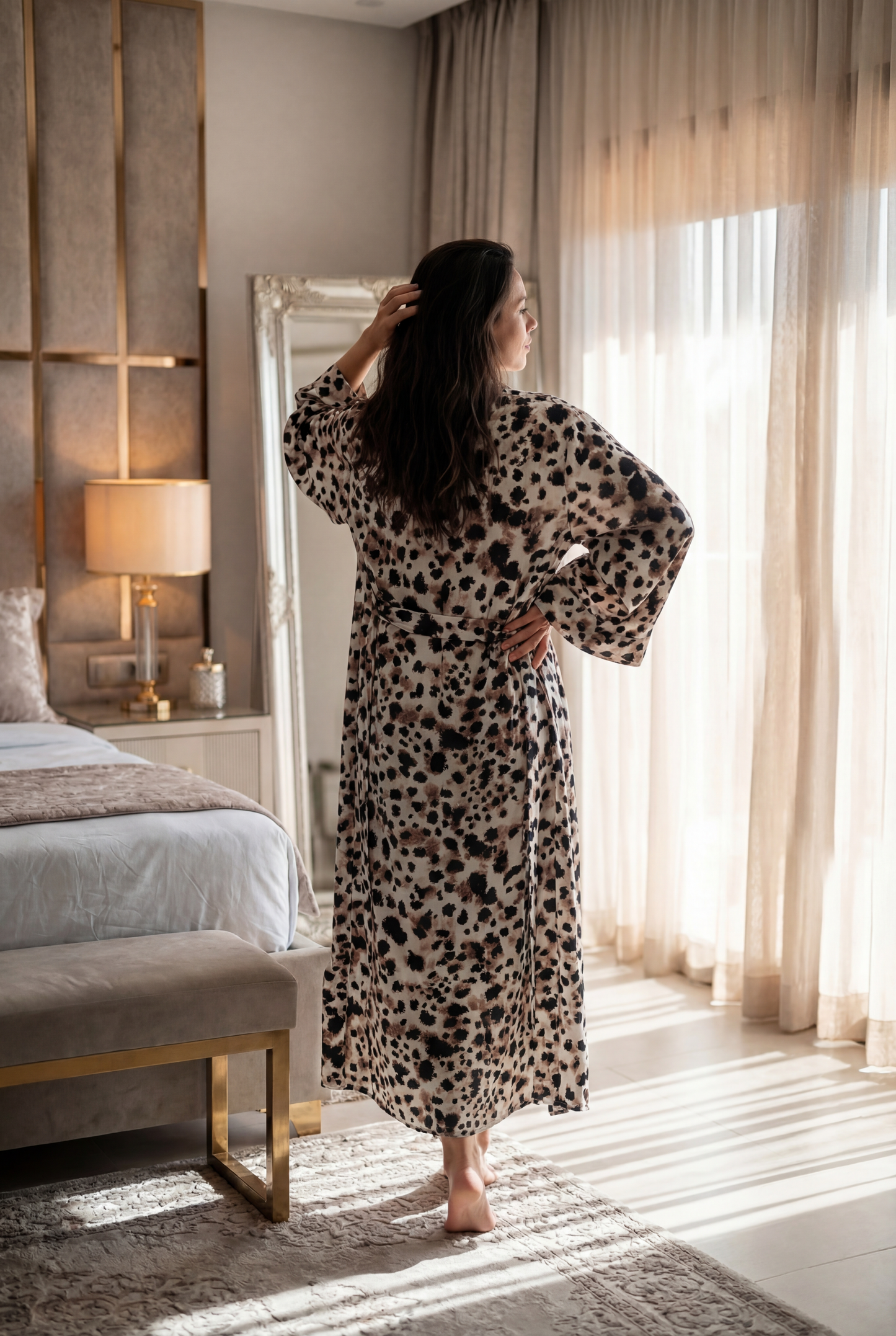 Viscose Lycra Nightdress with Leopard Satin Robe