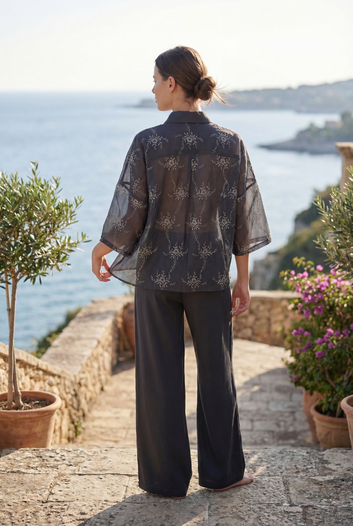 Elegant Chiffon Lounge Pajama with Satin Pants