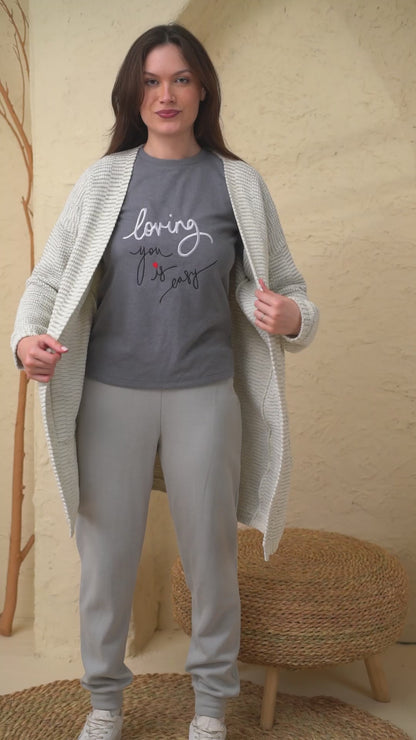 Soft Grey Lounge Set with Knitted Cream Cardigan