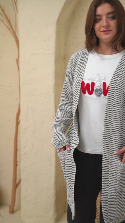 Velvet Top & Jacquard Pants Set with Knitted Cardigan