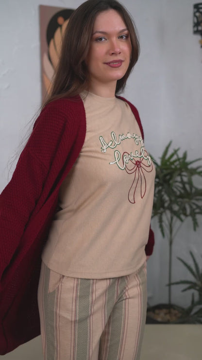Beige Bow Jacquard Lounge Set with Knitted Burgundy Cardigan